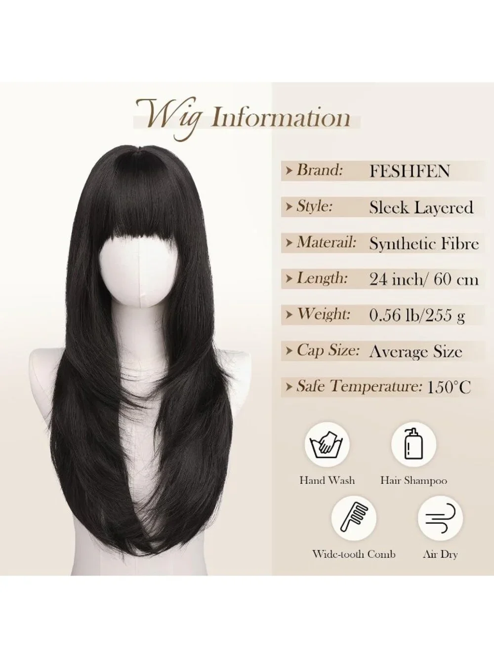 Women's Black Brown 24 Inch Natural Synthetic Long Straight Sleek Layered Wigs